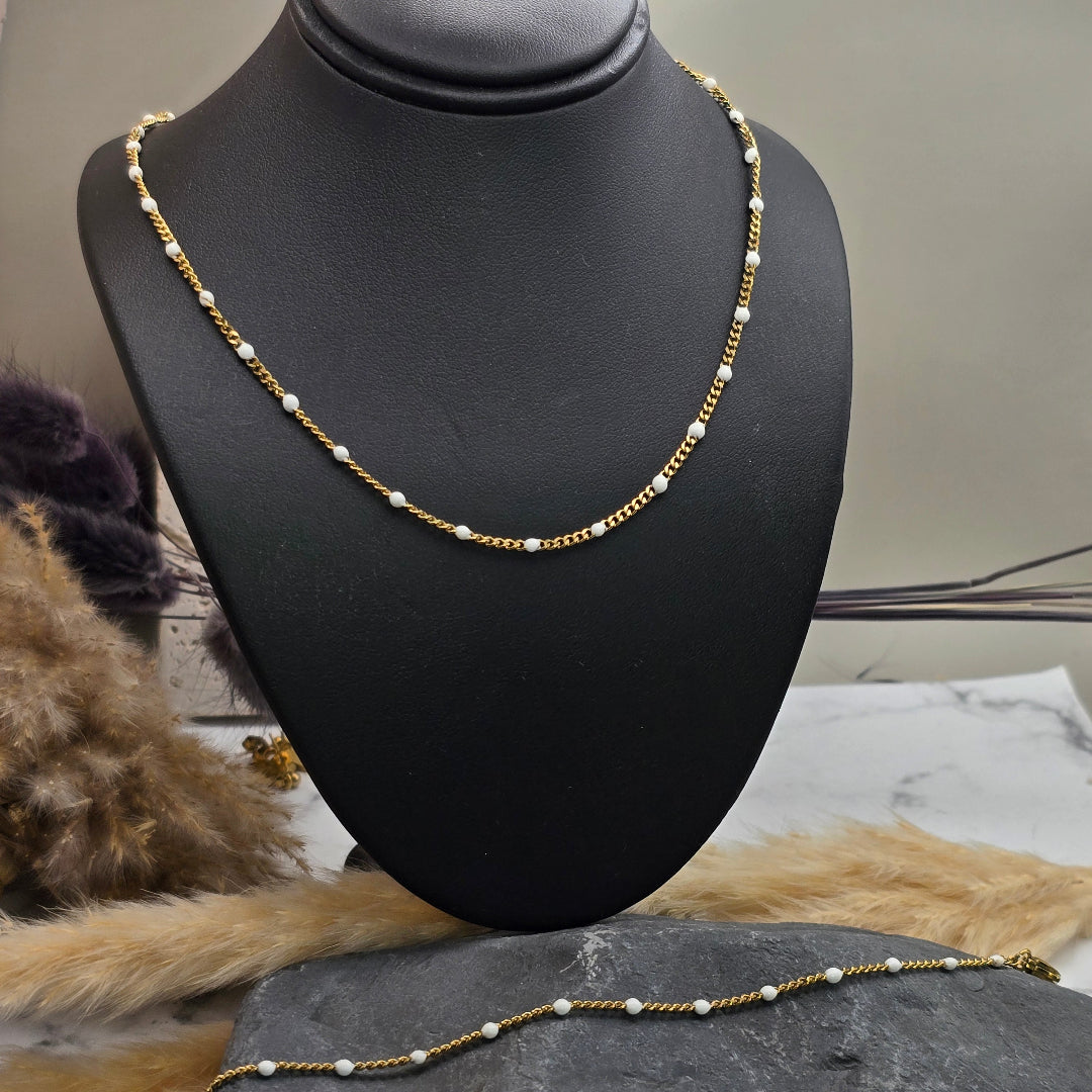 collier perles email blanc femme acier dore ras de cou hypoallergenique