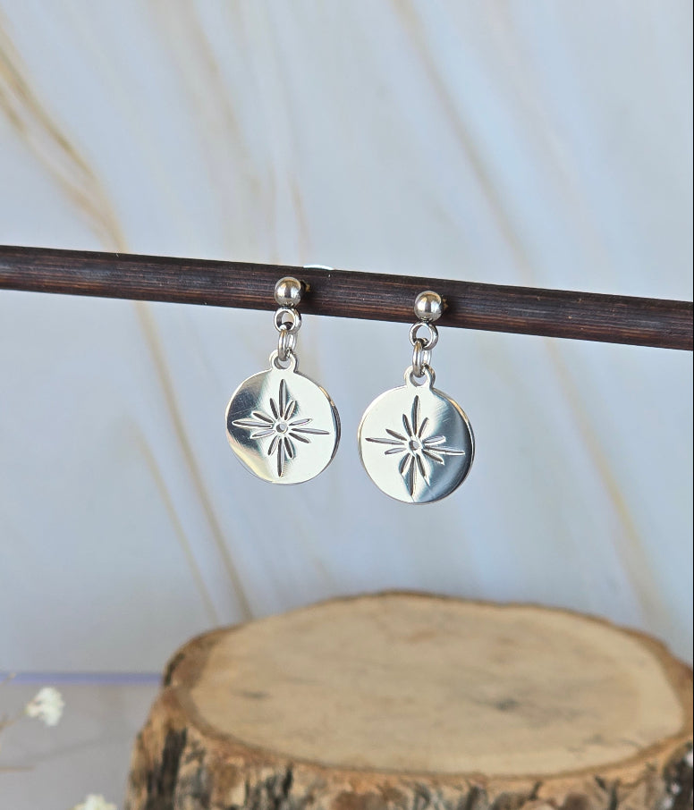 Détail des boucles d’oreilles STELLA en acier inoxydable argenté
