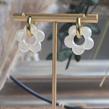 Boucles créoles dorées avec fleurs nacré blanc perle – bijou artisanal  haute-savoie raffiné femme