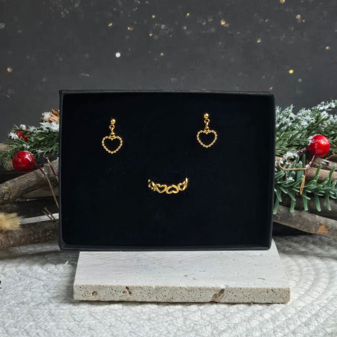Coffret bijou femme Noël avec bague cœur et boucles d’oreilles dorées