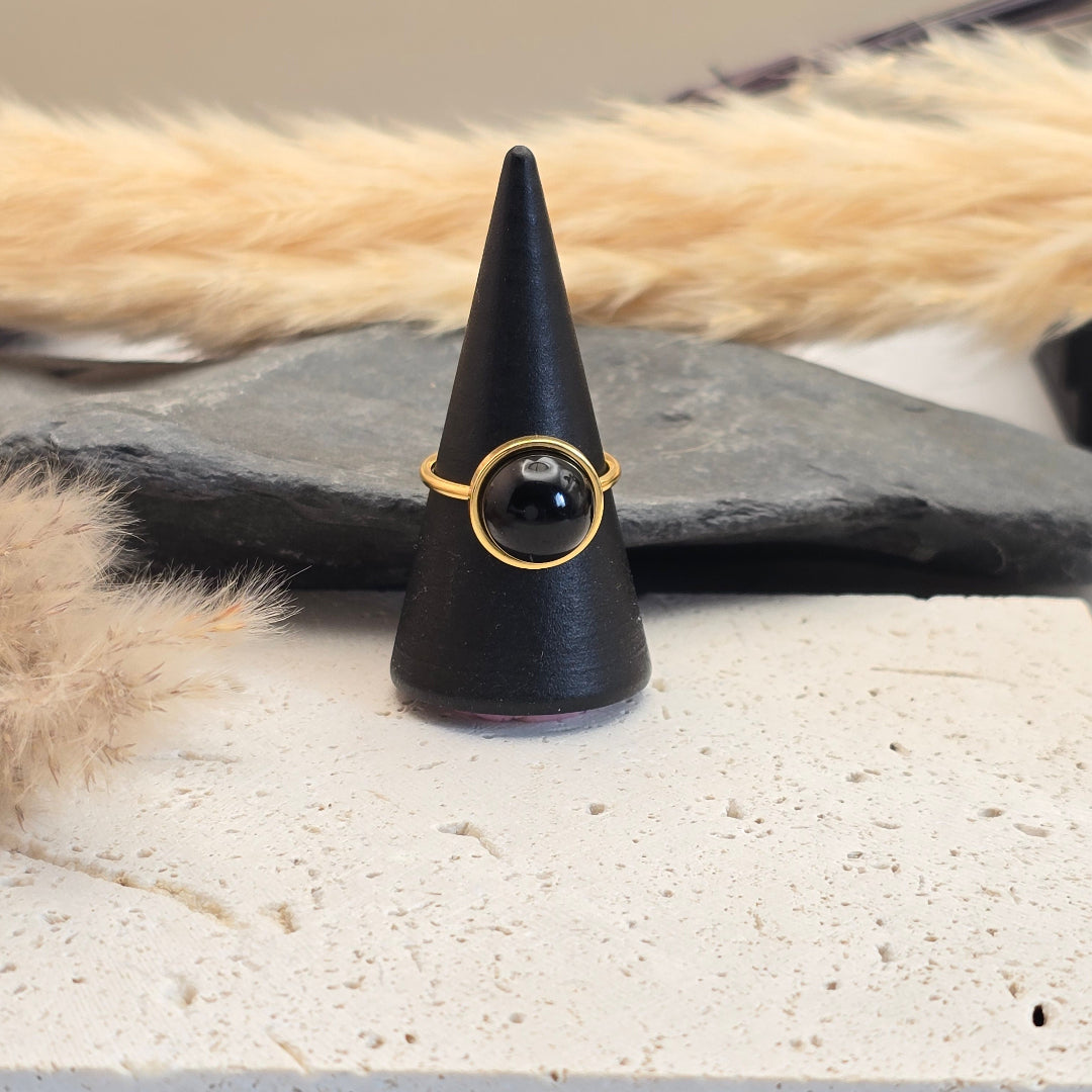 Bague Appolonia agate noire, bague femme dorée avec pierre gemme sombre et élégante