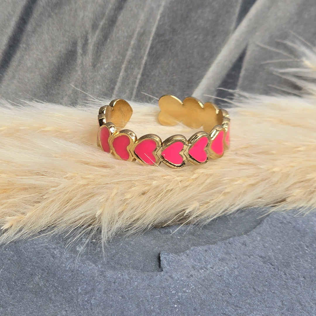 Bague dorée ajustable avec cœur rose, taille 50 à 56, bijou artisanal Zateka