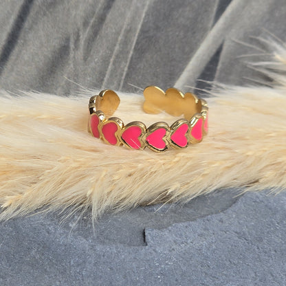 Bague dorée ajustable avec cœur rose, taille 50 à 56, bijou artisanal Zateka