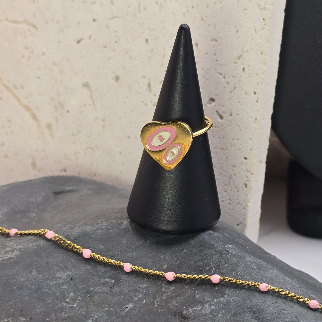 bijou enfant bague coeur reglable doree et bracelet perles roses