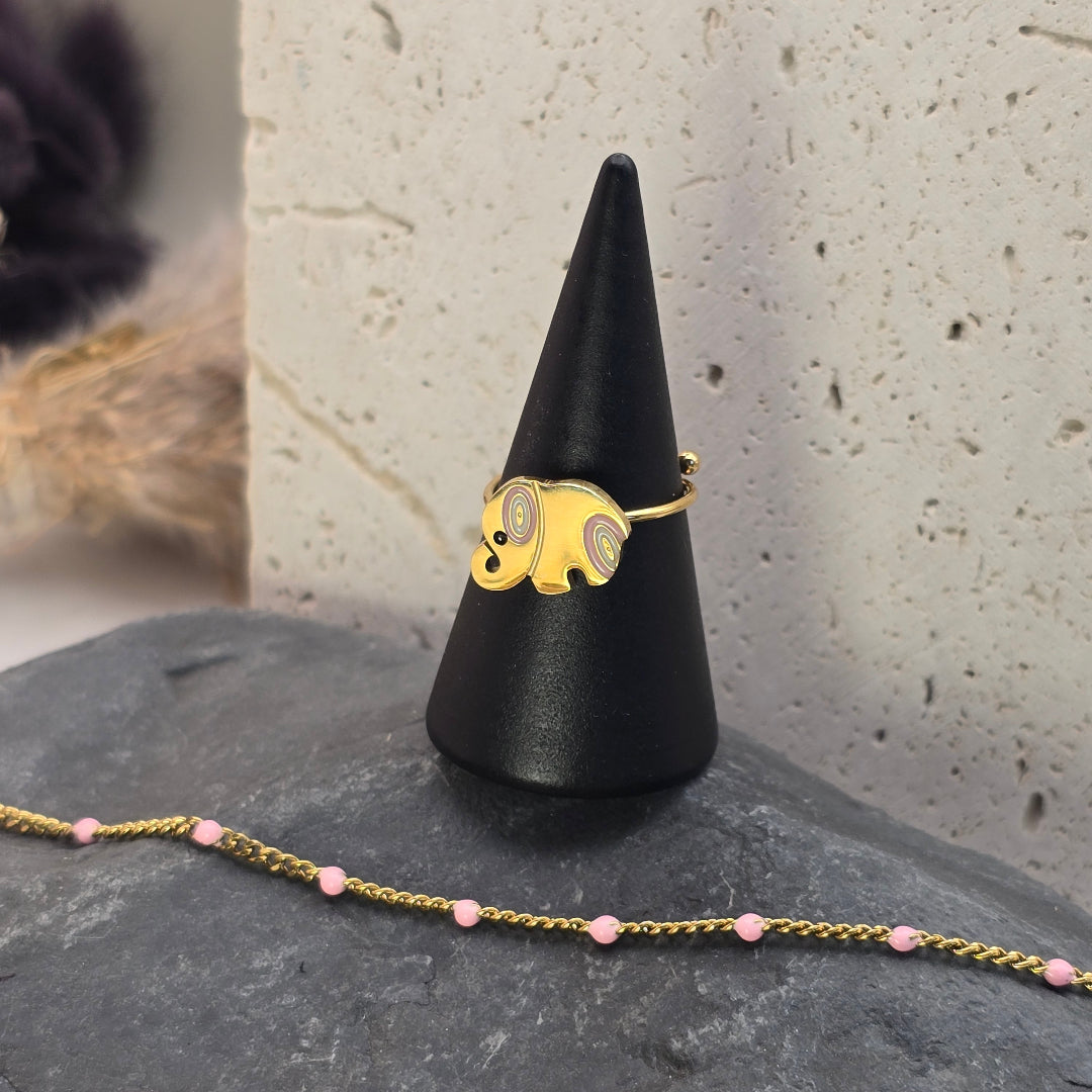 bijou enfant bague coeur reglable doree et bracelet perles roses elephant
