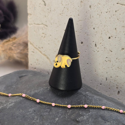 bijou enfant bague coeur reglable doree et bracelet perles roses elephant