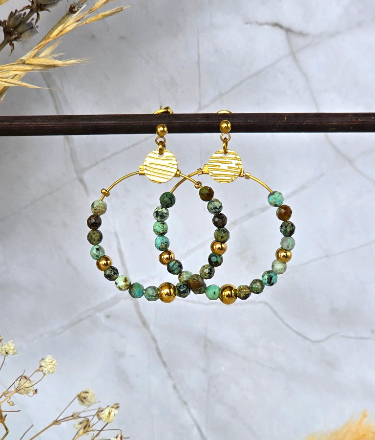 Bijou femme doré avec jade africaine tourmaline bleue et tourmaline rose
