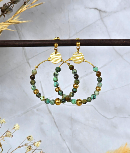 Bijou femme doré avec jade africaine tourmaline bleue et tourmaline rose
