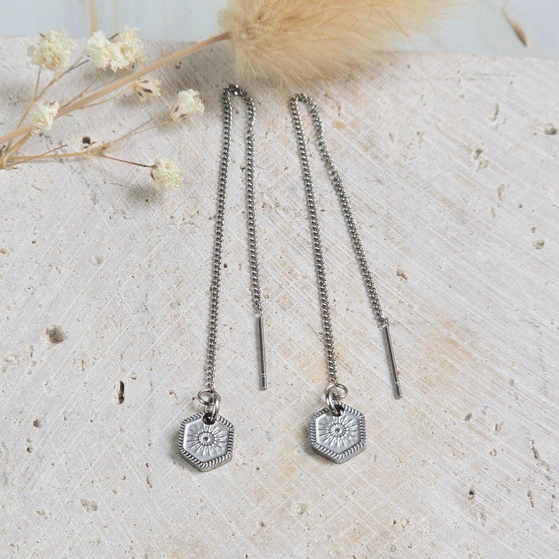 Boucles d’oreilles IONE en acier inoxydable argenté avec pendentif hexagonal étoile