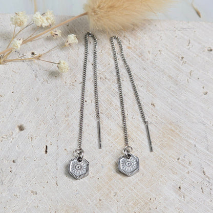 Boucles d’oreilles IONE en acier inoxydable argenté avec pendentif hexagonal étoile