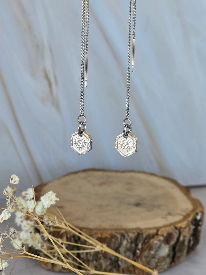 Détail du pendentif hexagonal des boucles d’oreilles IONE