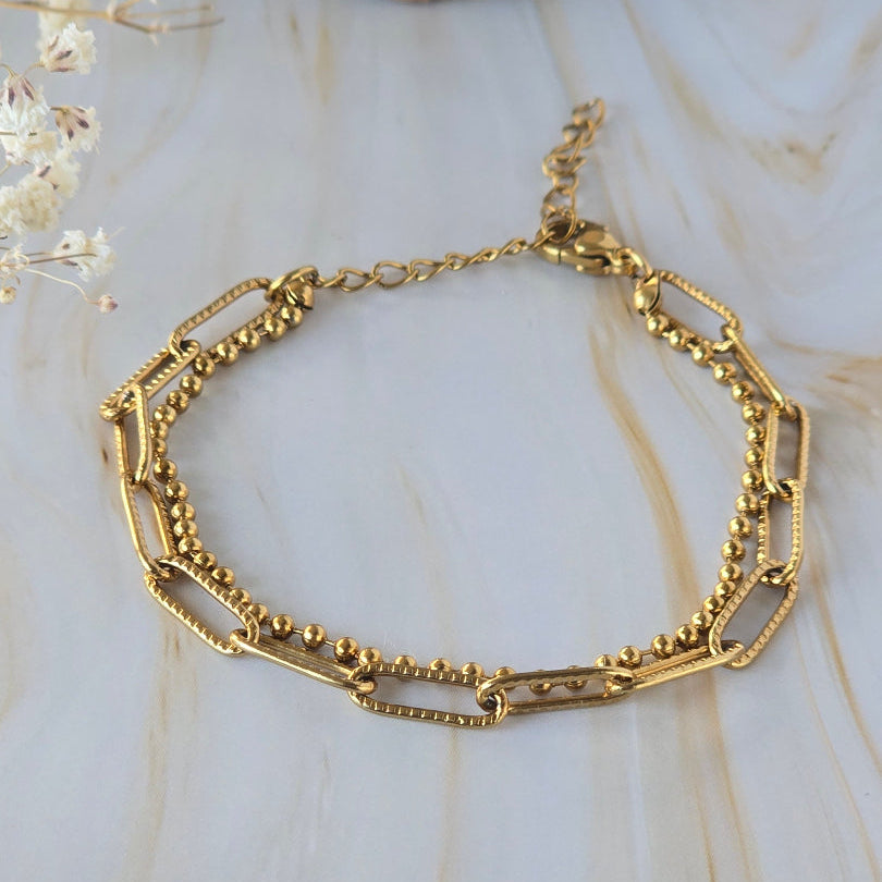 Bracelet doré LOLYA double rang avec chaîne trombone et chaîne à billes
