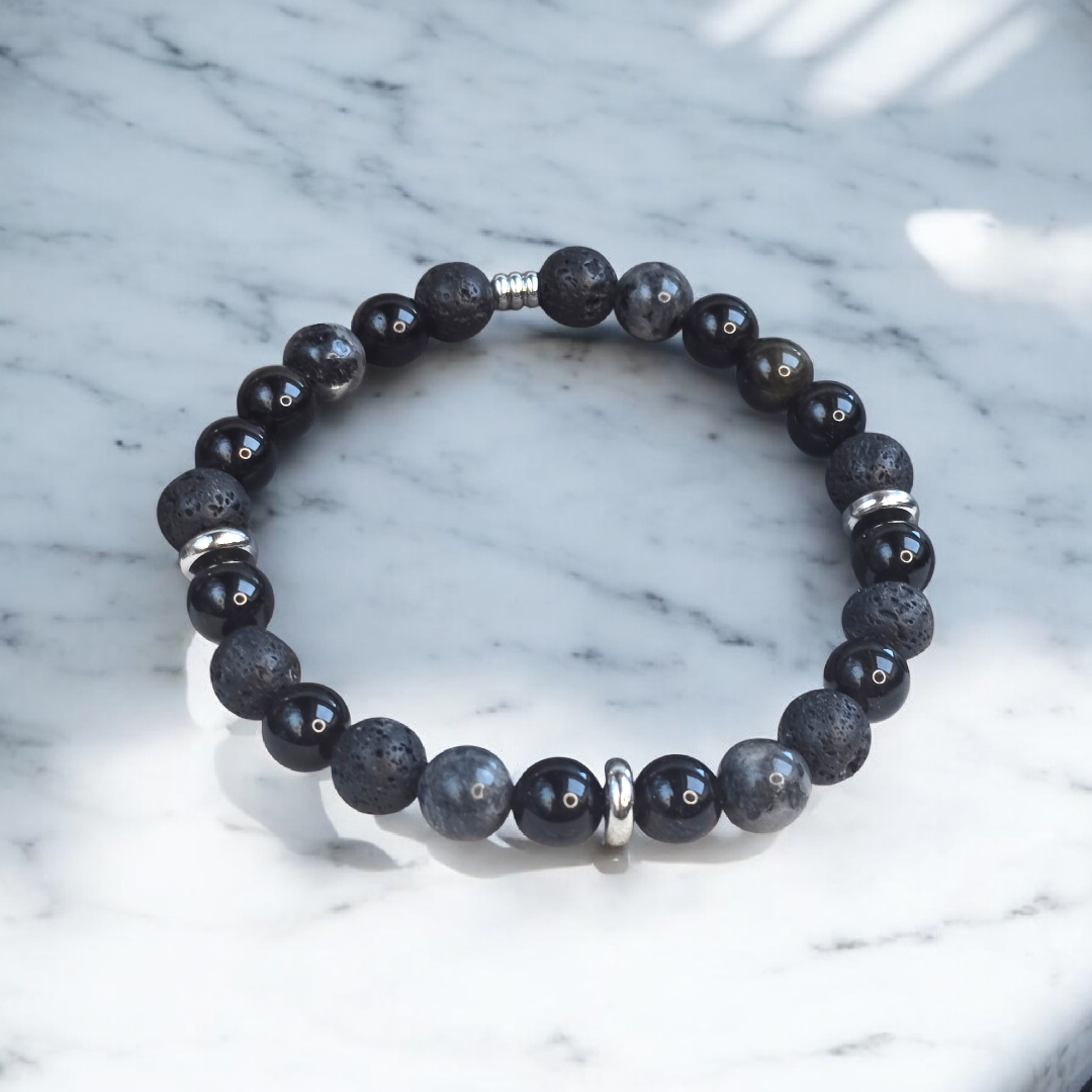 Bracelet homme en pierres naturelles 8 mm – lave, labradorite et obsidienne dorée – création artisanale ZATEKA à Cruseilles