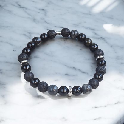Bracelet homme en pierres naturelles 8 mm – lave, labradorite et obsidienne dorée – création artisanale ZATEKA à Cruseilles