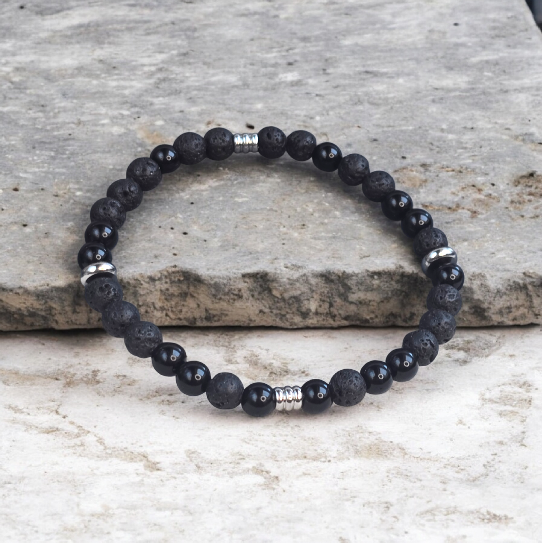 Bracelet homme ZATEKA en pierres naturelles lave et onyx – modèle 6 mm fabriqué à la main en Haute-Savoie