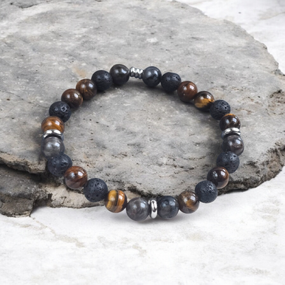 Bracelet homme en pierres naturelles (lave, œil de tigre, larvikite) – création artisanale ZATEKA à Cruseilles, Haute-Savoie