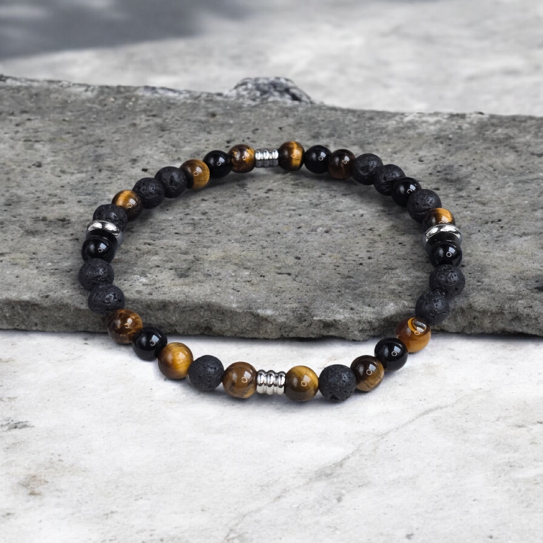 Bracelet homme en pierres naturelles (lave, œil de tigre, larvikite) – bijou artisanal ZATEKA fait-main à Cruseilles, Haute-Savoie