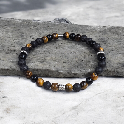 Bracelet homme en pierres naturelles (lave, œil de tigre, larvikite) – bijou artisanal ZATEKA fait-main à Cruseilles, Haute-Savoie