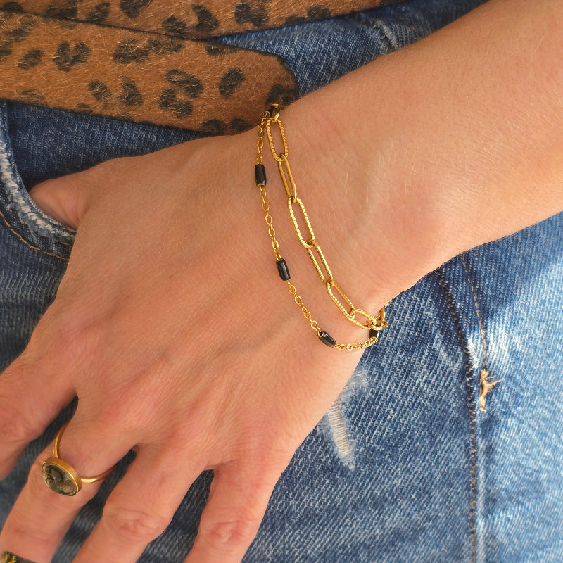 Bracelet KATARINE superposé élégant, bijou femme doré avec sequins émaillés noirs zateka