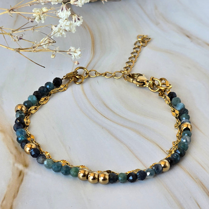 Bracelet MURCIA en tourmaline bleue avec double rang doré

