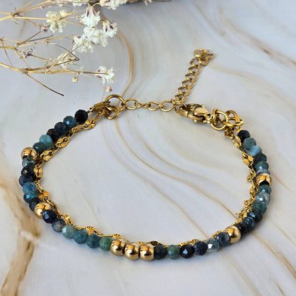 Bracelet MURCIA en tourmaline bleue avec double rang doré
