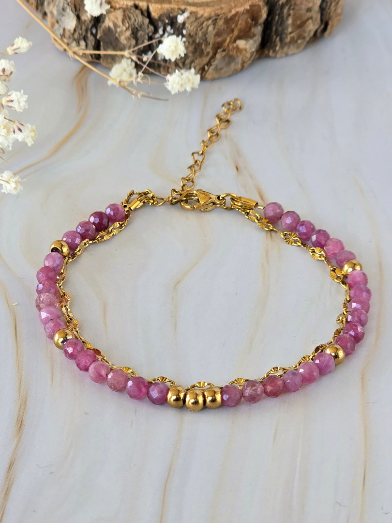 Bracelet MURCIA en tourmaline rose avec double rang doré
