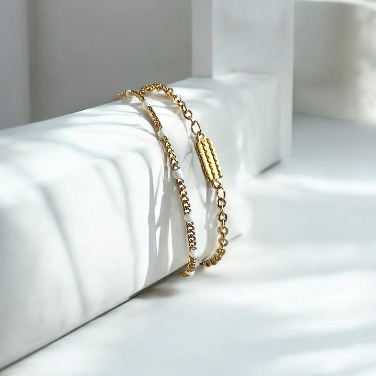 bracelet double rang femme acier dore perles bijou artisanal haute savoie