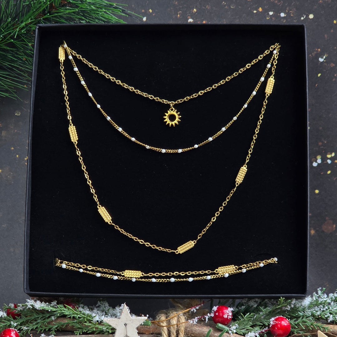coffret bijou femme noel collier triple rang bracelet double dore layering