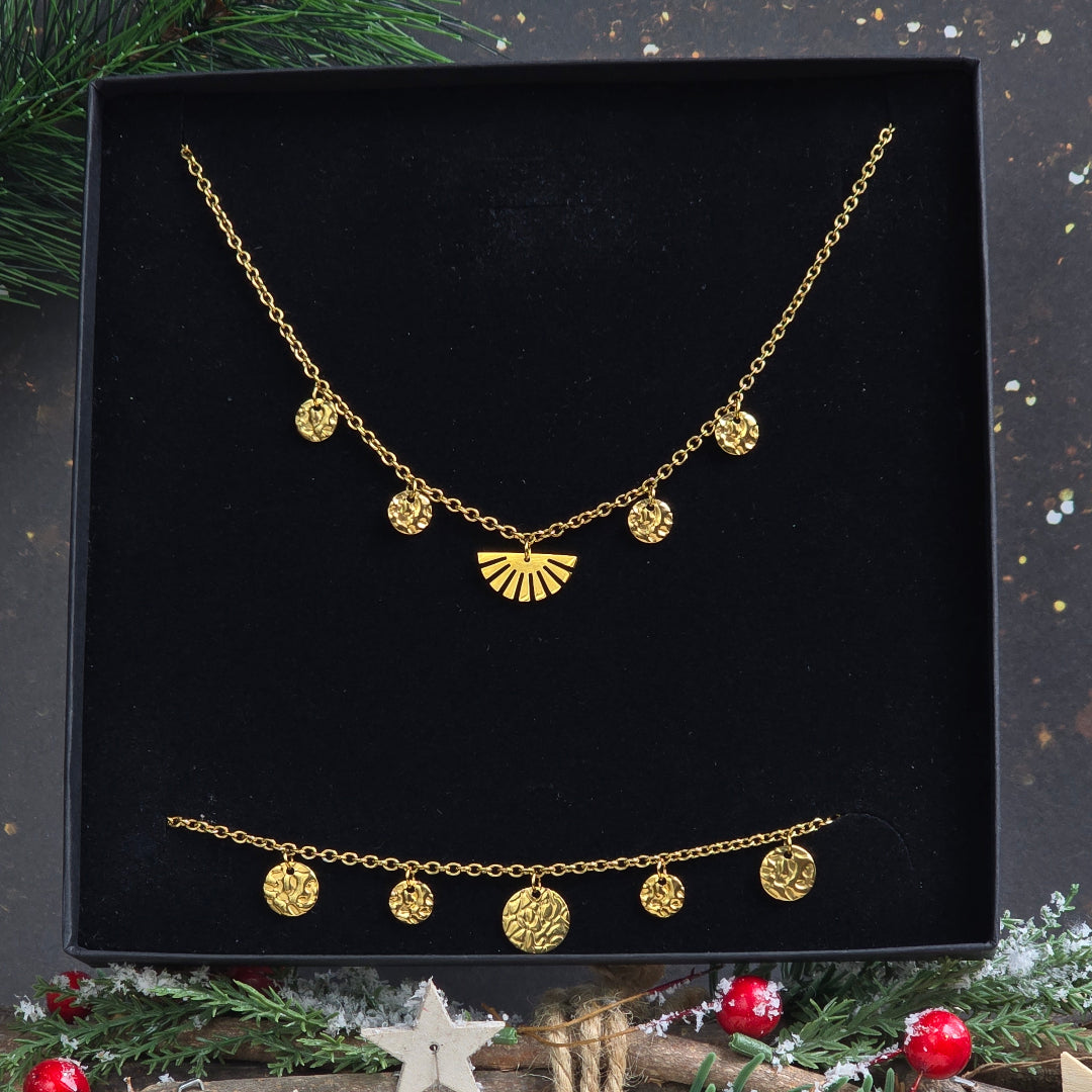 coffret bijou femme noel collier ras de cou pampilles et bracelet dore fait main