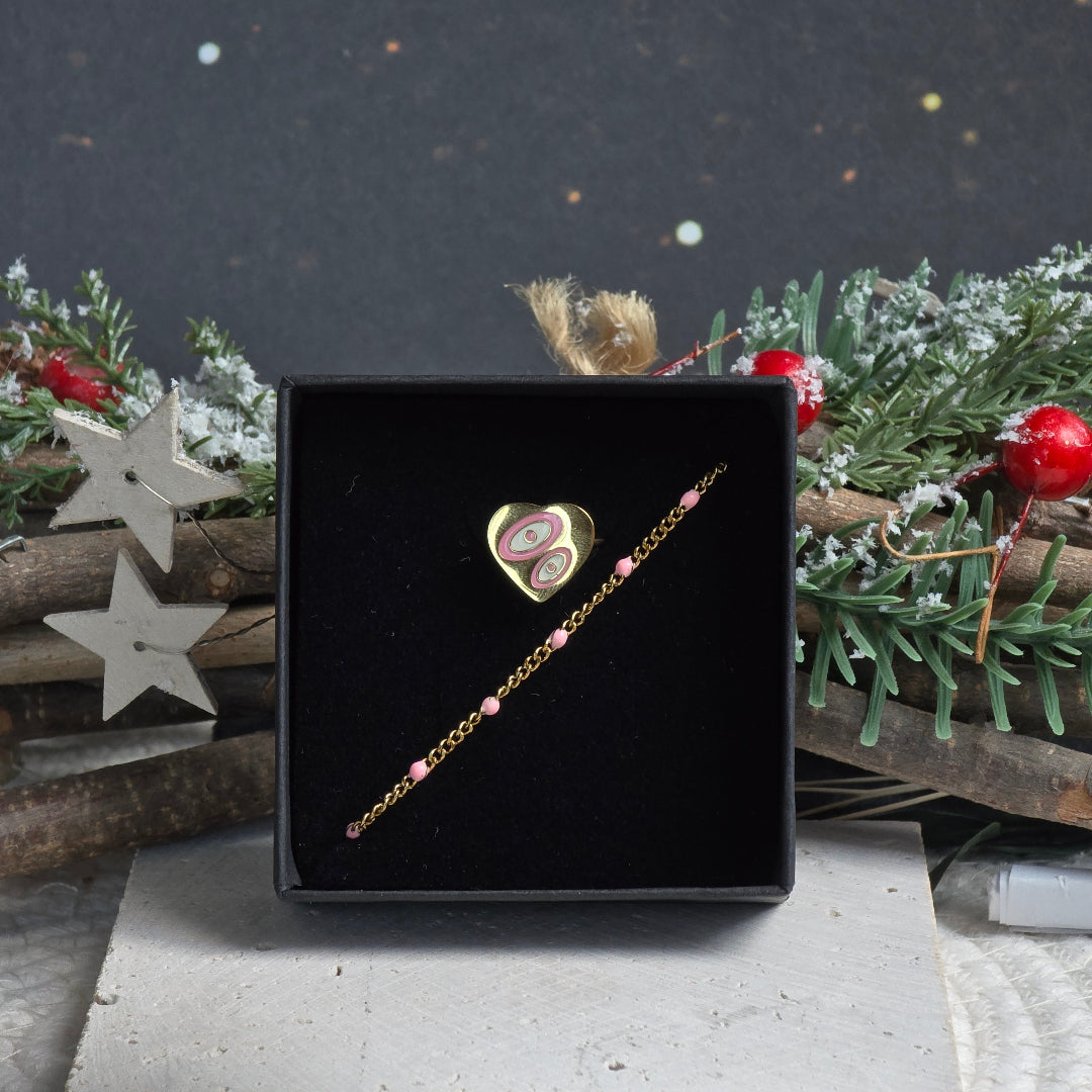 coffret bijou enfant noel bracelet perles roses et bague ajustable doree