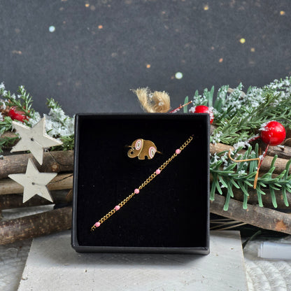 coffret bijou enfant noel bracelet perles roses et bague ajustable doree elephant