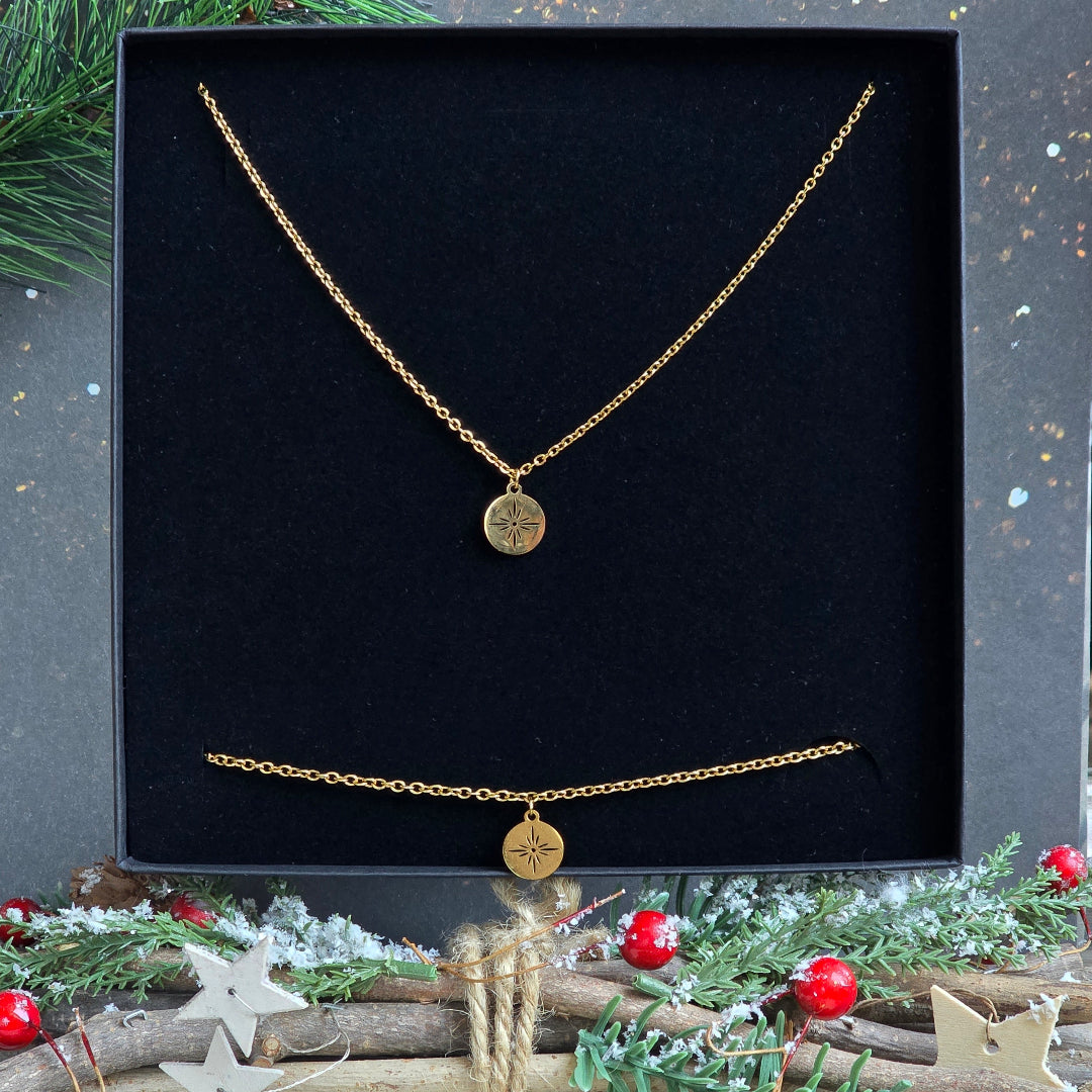 coffret bijou femme noel collier et bracelet medaillon dore etoile