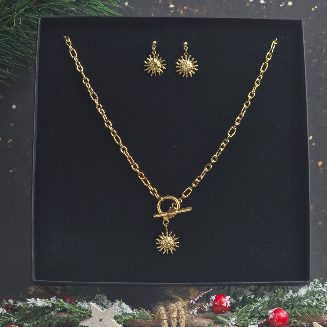 coffret bijou noel femme collier fermoir bascule et boucles soleil dorees