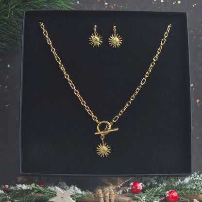 coffret bijou noel femme collier fermoir bascule et boucles soleil dorees