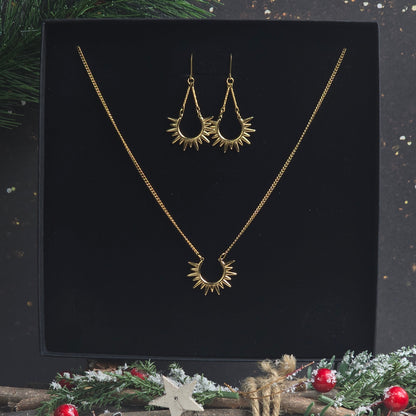 coffret bijou noel femme collier soleil et boucles pendantes dorees zateka