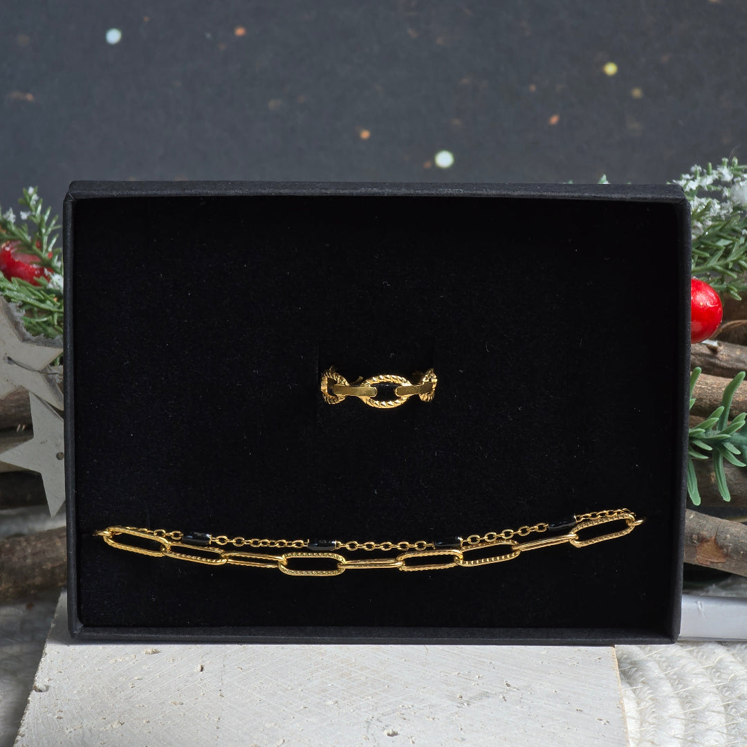coffret bijou femme noel bracelet maille trombone et bague doree zateka