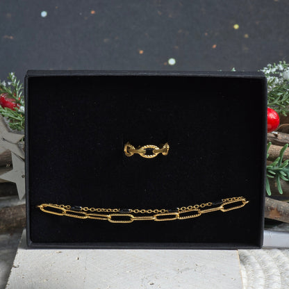 coffret bijou femme noel bracelet maille trombone et bague doree zateka