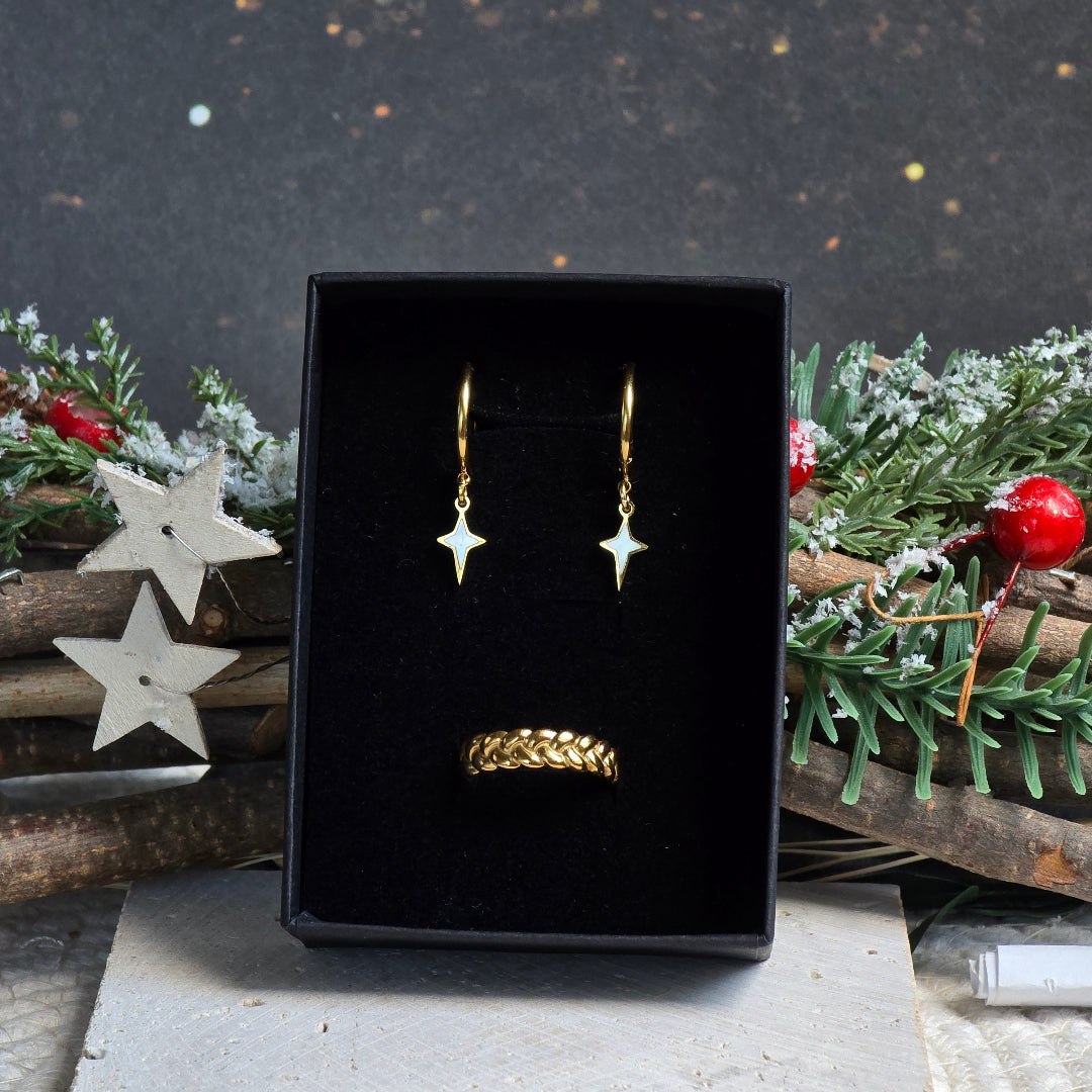 coffret bijou noel femme ado creoles etoile nacree et bague doree