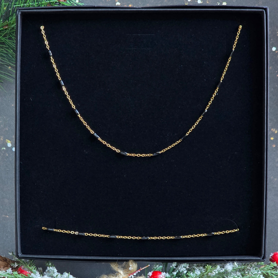 coffret bijou noel femme collier ras de cou perles noires et bracelet dore