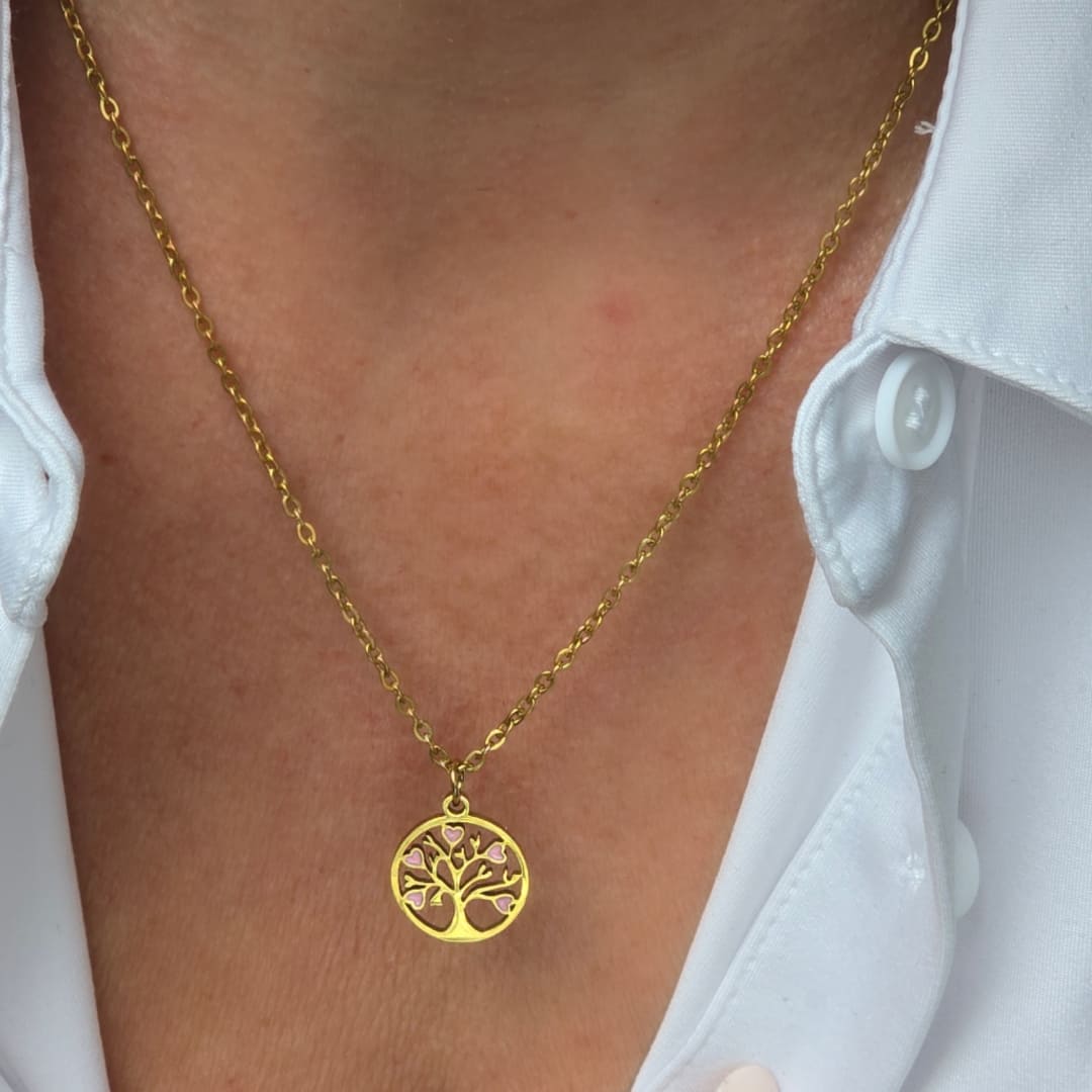 Collier arbre de vie doré avec pendentif décoré de cœurs roses, chaîne perlée fine en acier inoxydable