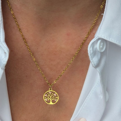 Collier arbre de vie doré avec pendentif décoré de cœurs roses, chaîne perlée fine en acier inoxydable