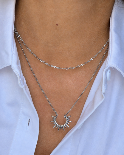 Collier argenté femme double chaîne avec soleil connecteur lumineux