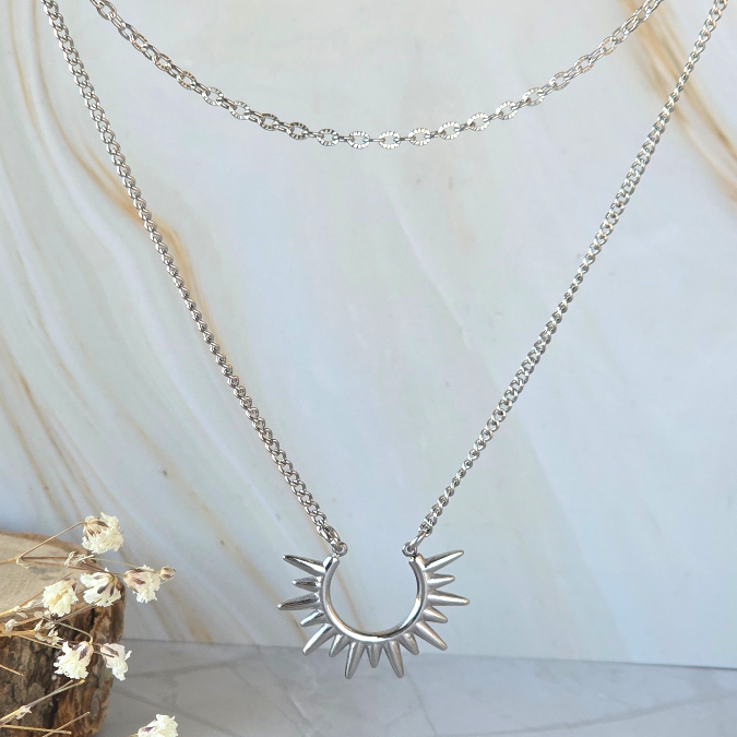 Collier ARCTIA double rang en acier inoxydable argenté avec soleil connecteur