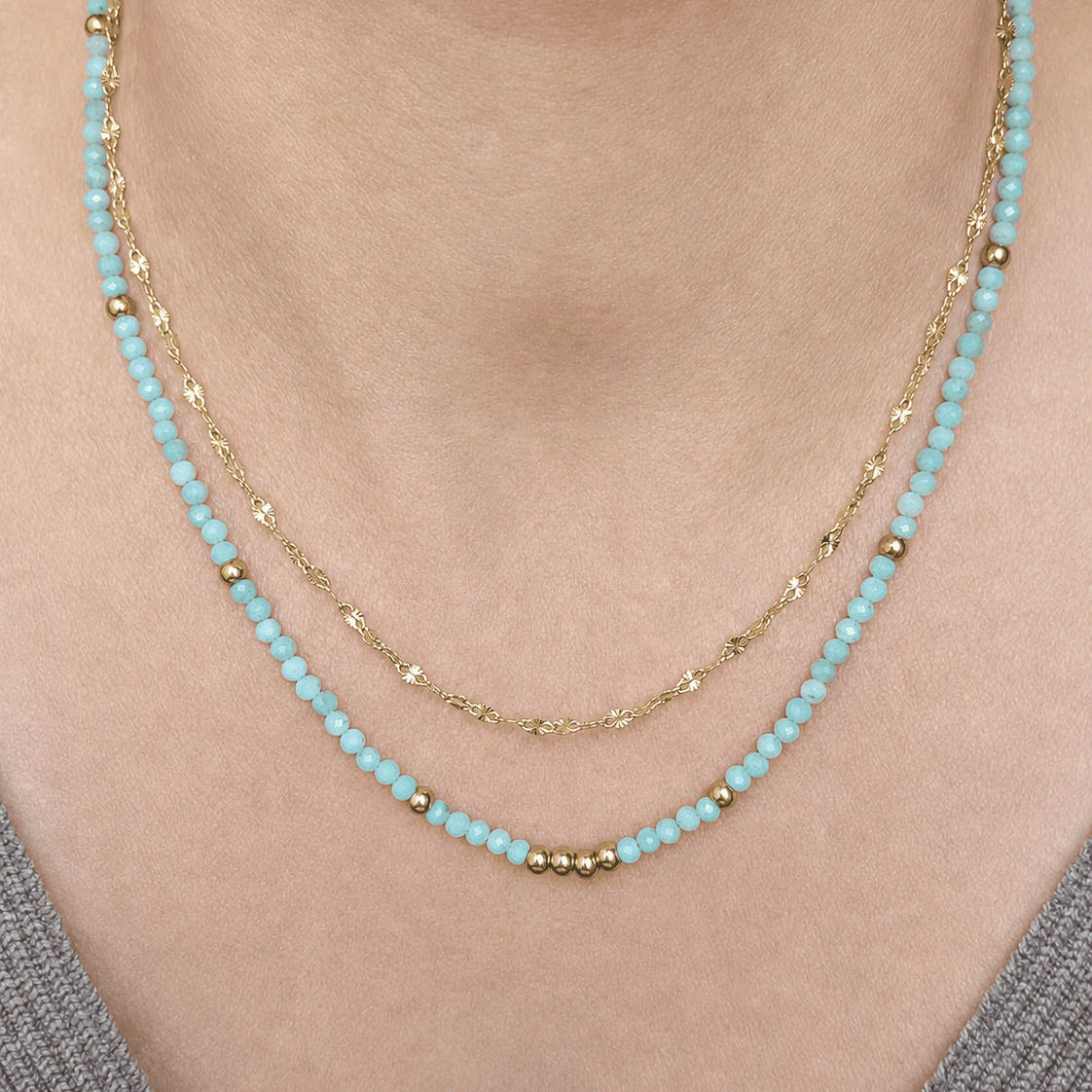 Collier double rang Murcia en acier inoxydable doré avec perles facettées en pierres naturelles
