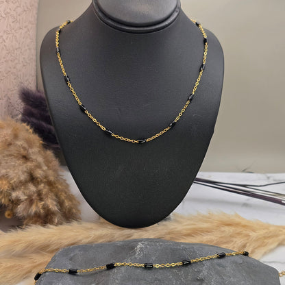 collier perles email noir femme acier dore ras de cou bijou artisanal