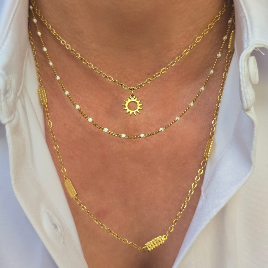 collier triple rang femme pendentif soleil perles acier dore bijou fait main