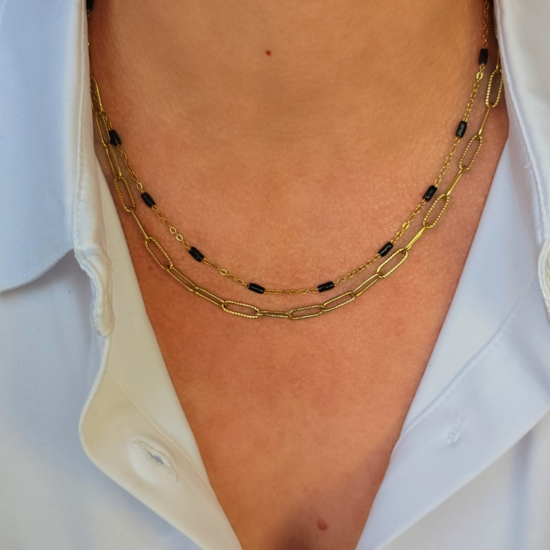 collier double chaine trombone et chaine noire élégant intemporel bijoux copponex cruseilles haute-savoie