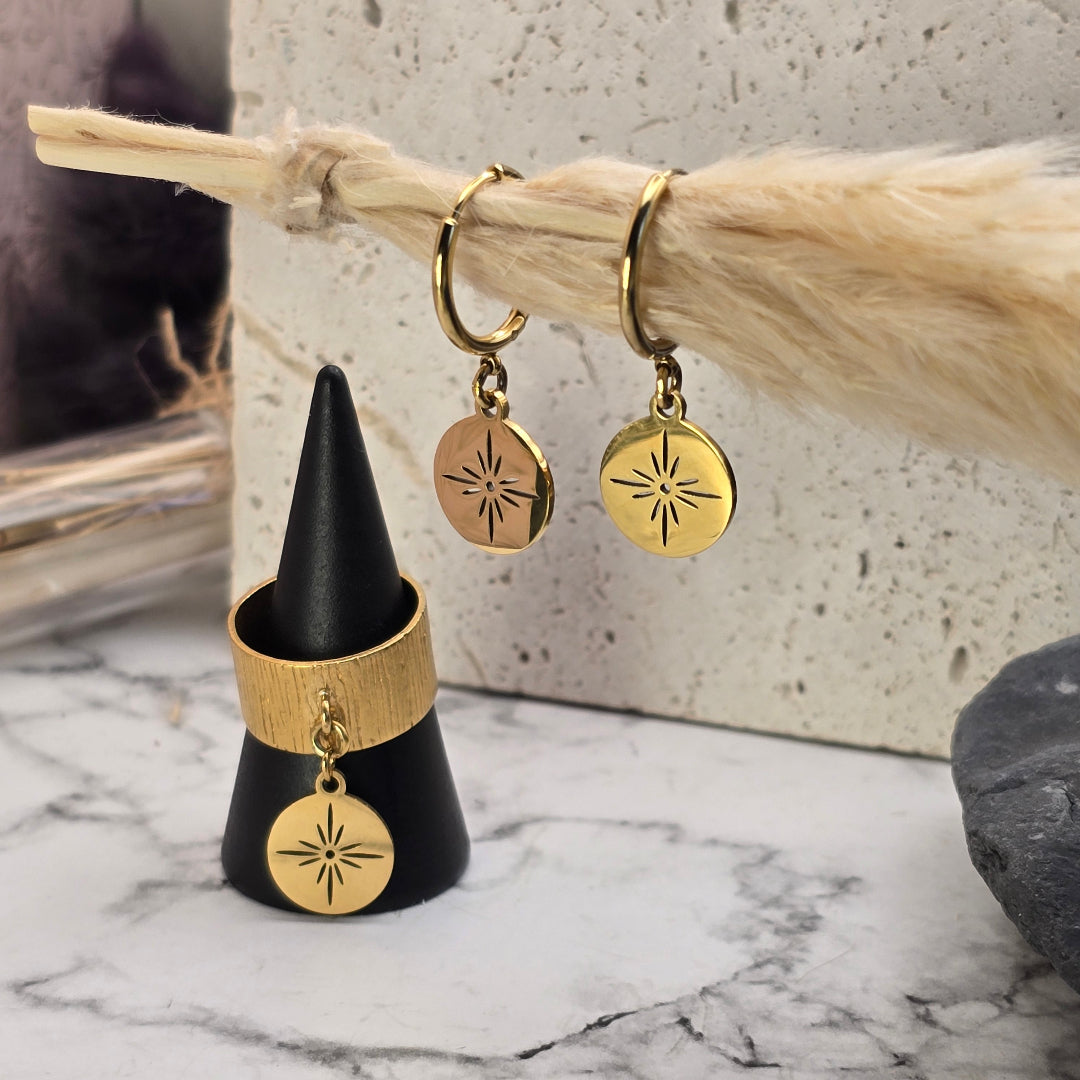 bijoux femme noel creoles dorees et bague ajustable medailon etoile fait main