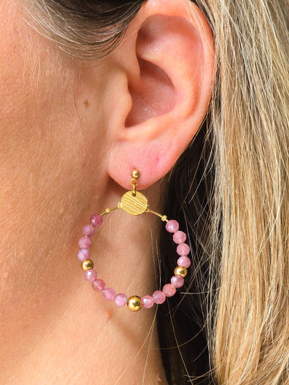 Créoles dorées Murcia avec perles de tourmaline rose
