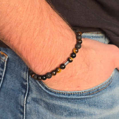 Détail des perles naturelles du bracelet homme – onyx, œil de tigre, pierre de lave – bijou fait main à Cruseilles
